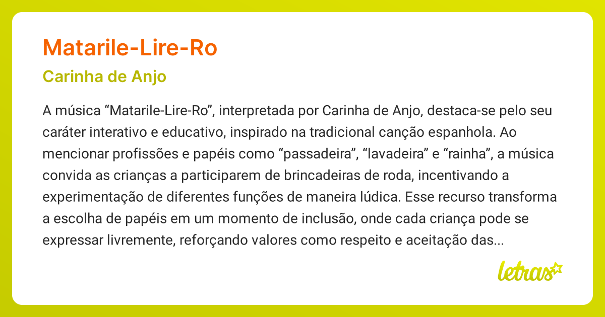 Significado da música MATARILE-LIRE-RO (Carinha de Anjo) - LETRAS.MUS.BR