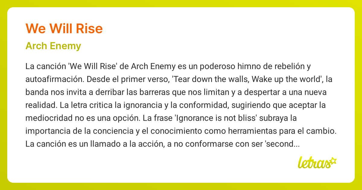 Significado de la canción WE WILL RISE (Arch Enemy) - LETRAS.COM