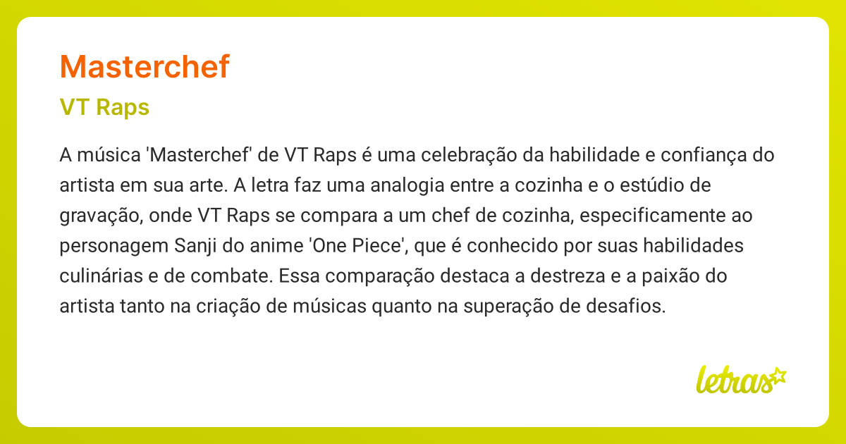 Significado da música MASTERCHEF (VT Raps) - LETRAS.MUS.BR