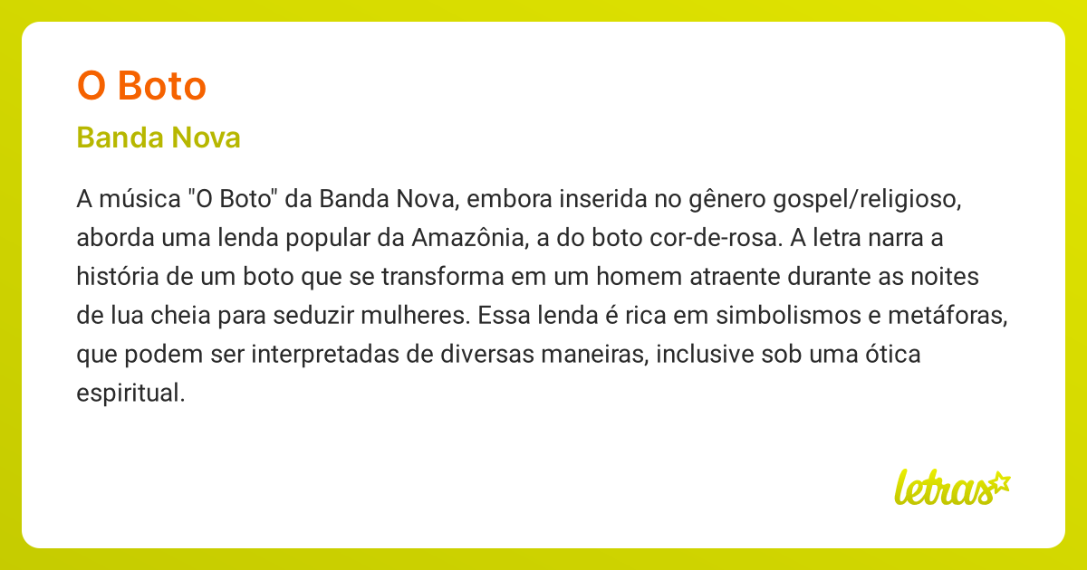 Significado da música O BOTO (Banda Nova) - LETRAS.MUS.BR