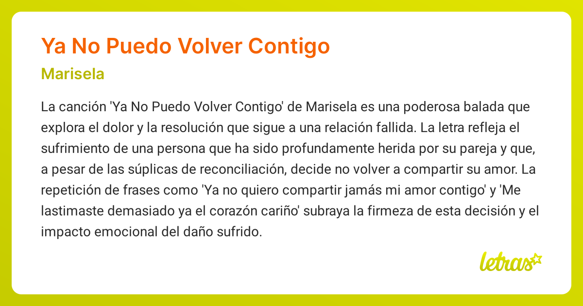 Significado de la canción YA NO PUEDO VOLVER CONTIGO (Marisela ...