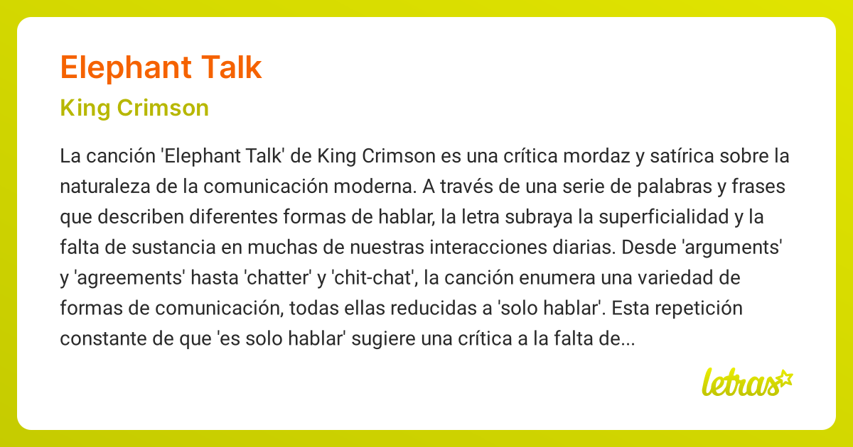 Significado de la canción ELEPHANT TALK (King Crimson) - LETRAS.COM