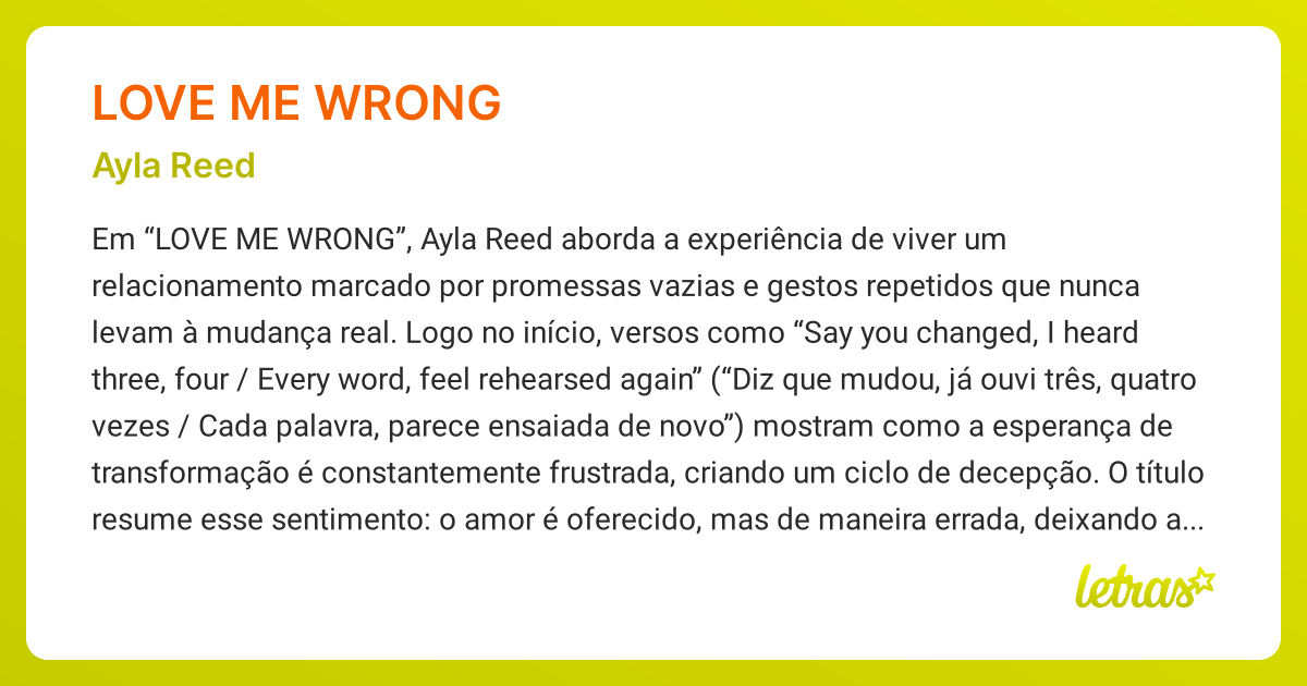 Significado da música LOVE ME WRONG (Ayla Reed) - LETRAS.MUS.BR