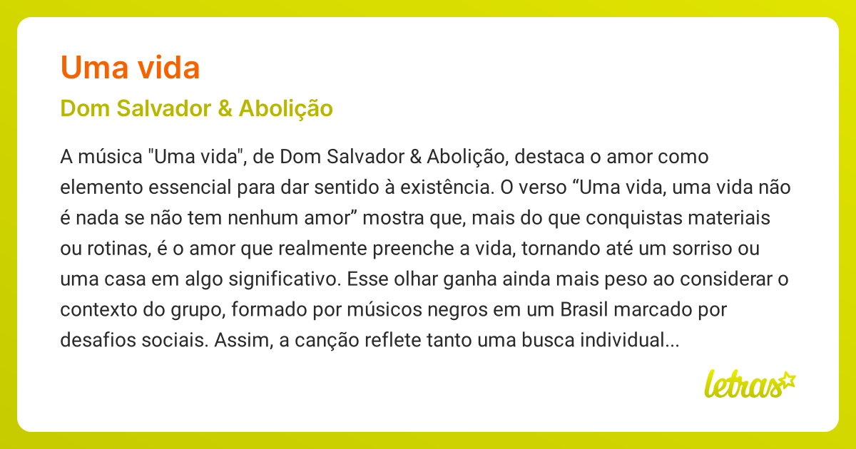 Significado da música UMA VIDA (Dom Salvador & Abolição) - LETRAS 