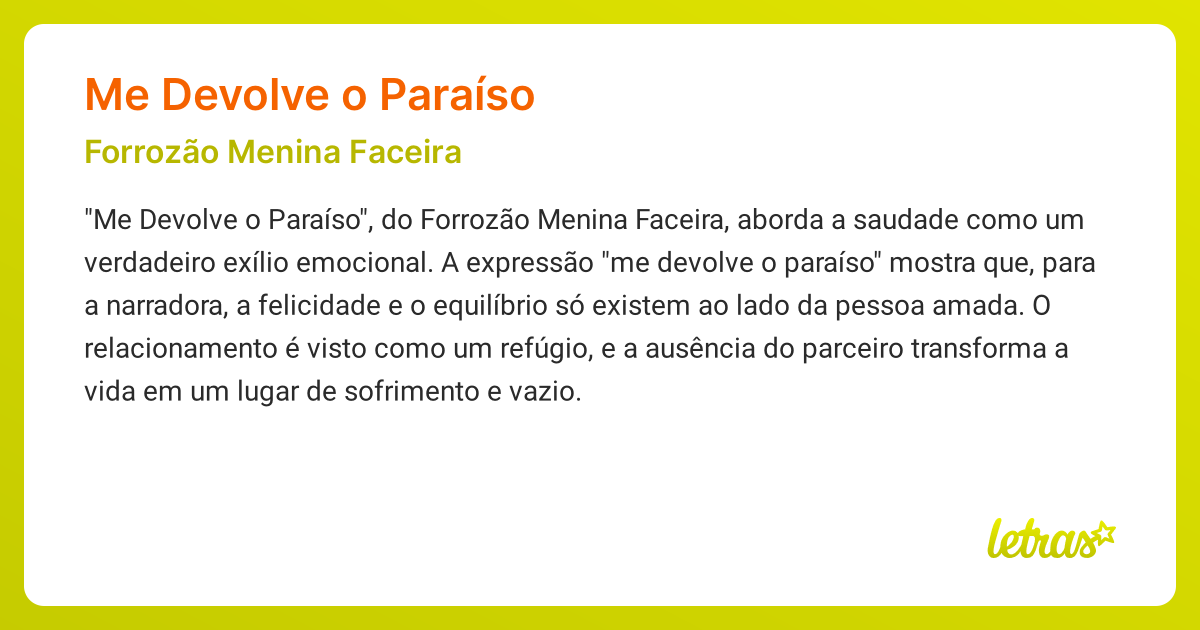 Significado da música ME DEVOLVE O PARAÍSO (Forrozão Menina Faceira ...