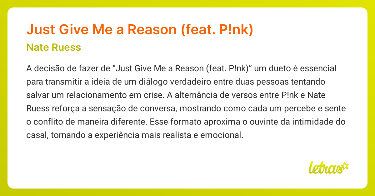Significado da música Just Give Me a Reason (feat. P!nk) (Nate Ruess ...