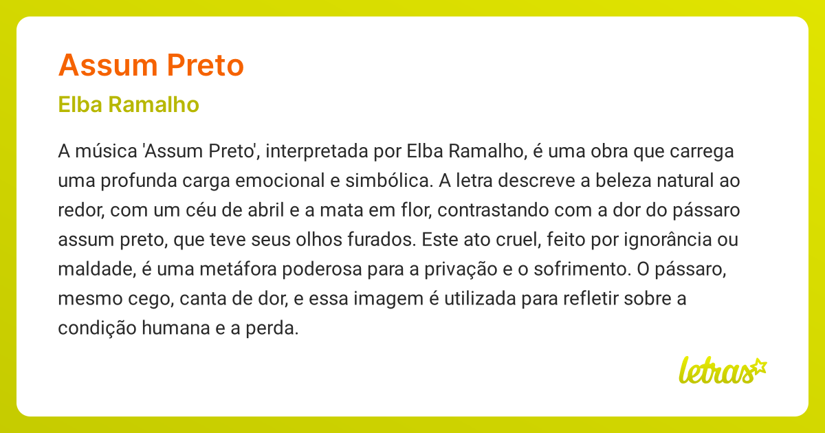 Significado da música ASSUM PRETO (Elba Ramalho) - LETRAS.MUS.BR