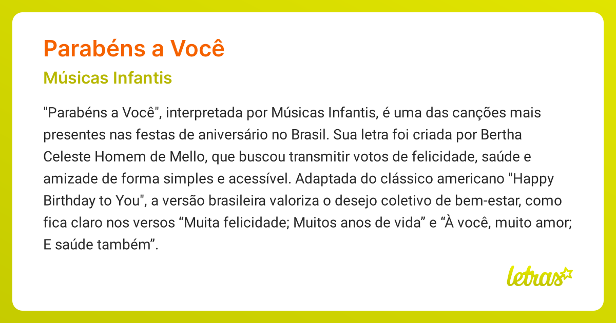 Significado da música PARABÉNS A VOCÊ (Músicas Infantis) - LETRAS.MUS.BR