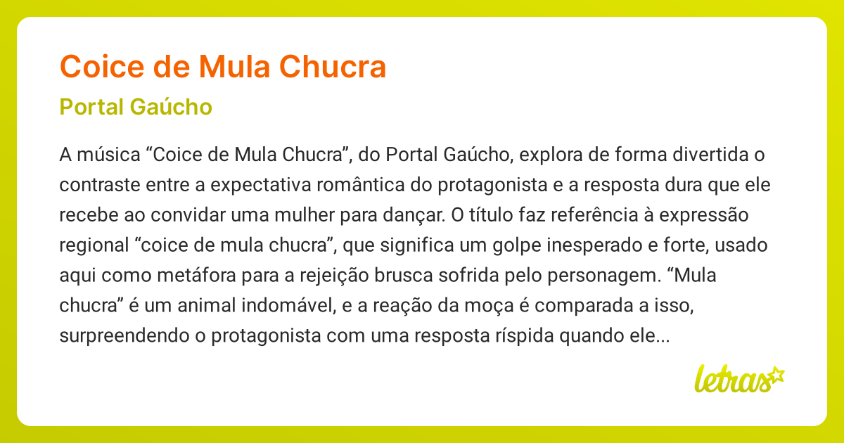 Significado da música COICE DE MULA CHUCRA (Portal Gaúcho) - LETRAS.MUS.BR