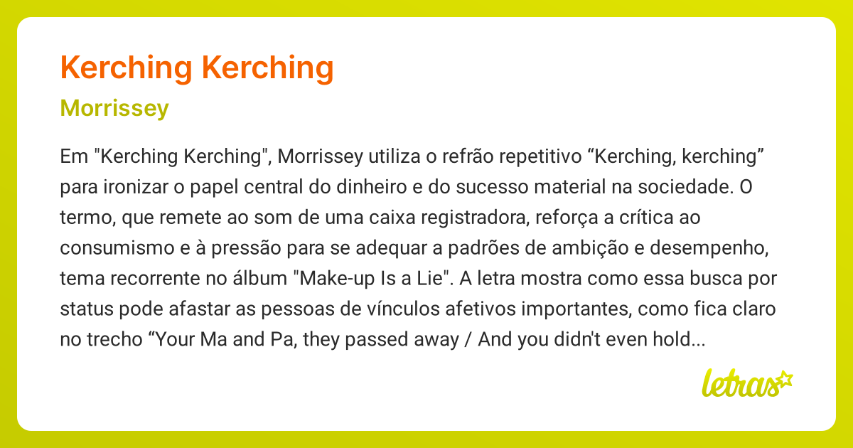Significado da música KERCHING KERCHING (Morrissey) - LETRAS.MUS.BR