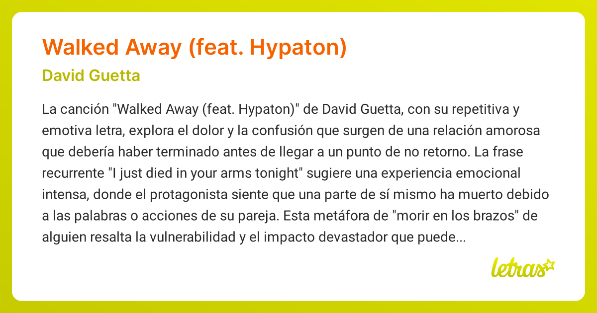 Significado de la canción WALKED AWAY (FEAT. HYPATON) (David Guetta ...