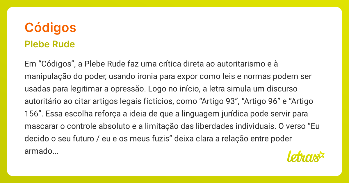 Significado da música CÓDIGOS (Plebe Rude) - LETRAS.MUS.BR