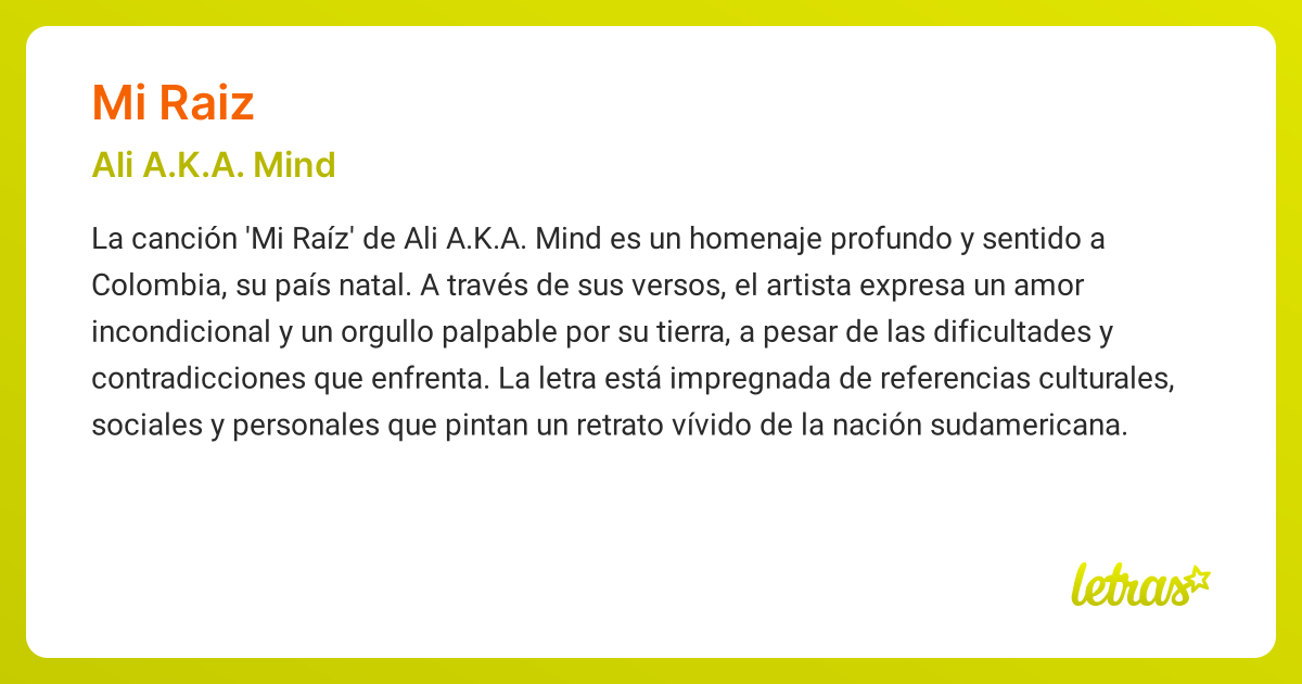 Significado de la canción MI RAIZ (Ali A.K.A. Mind) - LETRAS.COM