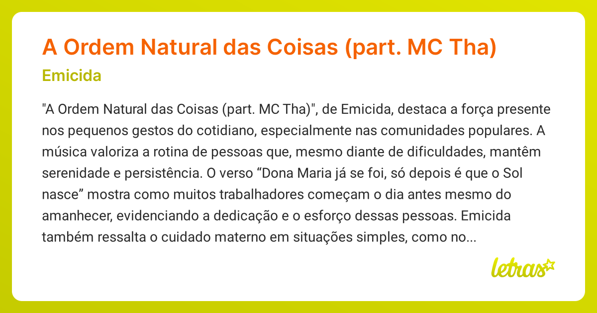 Significado da música A Ordem Natural das Coisas (part. MC Tha ...