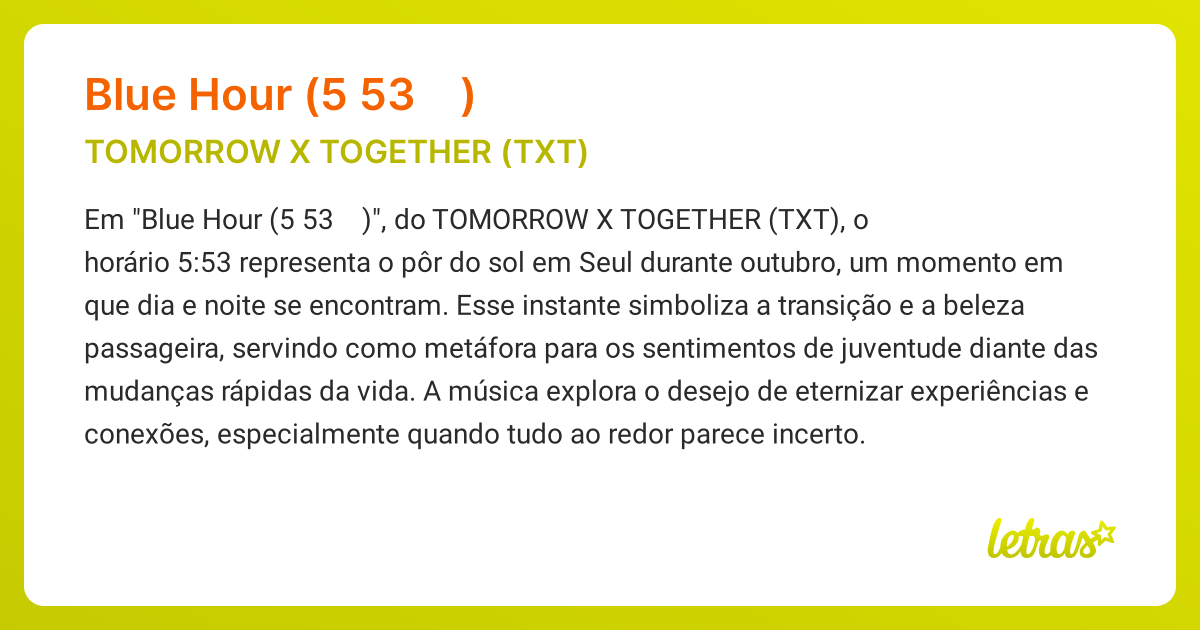 Significado da música Blue Hour (5시 53분의 하늘에서 발견한 너와