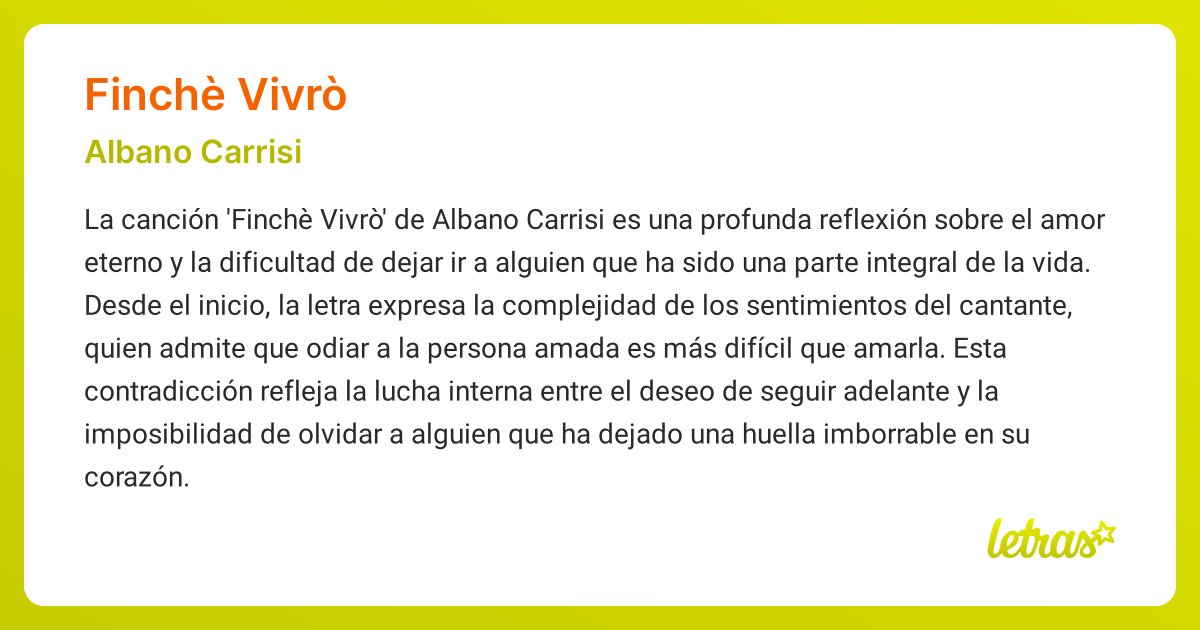 Significado de la canción FINCHÈ VIVRÒ (Albano Carrisi) - LETRAS.COM