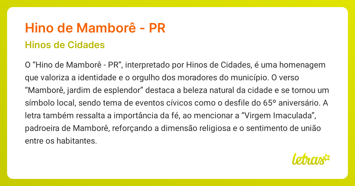 Significado da música HINO DE MAMBORÊ - PR (Hinos de Cidades) - LETRAS ...