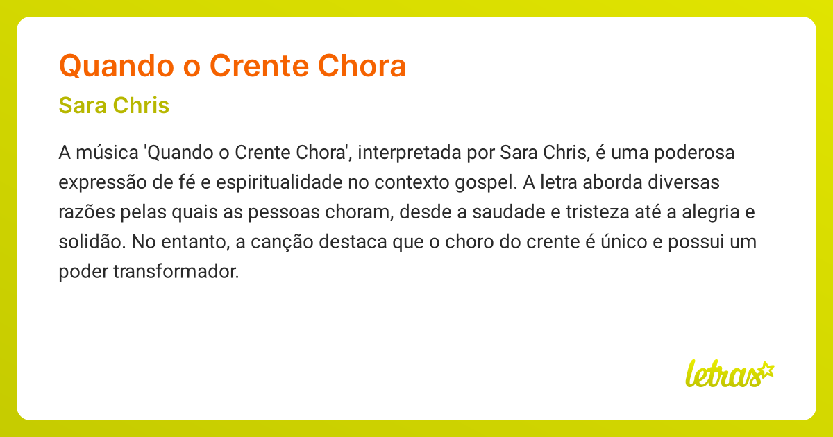 Significado da música QUANDO O CRENTE CHORA (Sara Chris) - LETRAS.MUS.BR