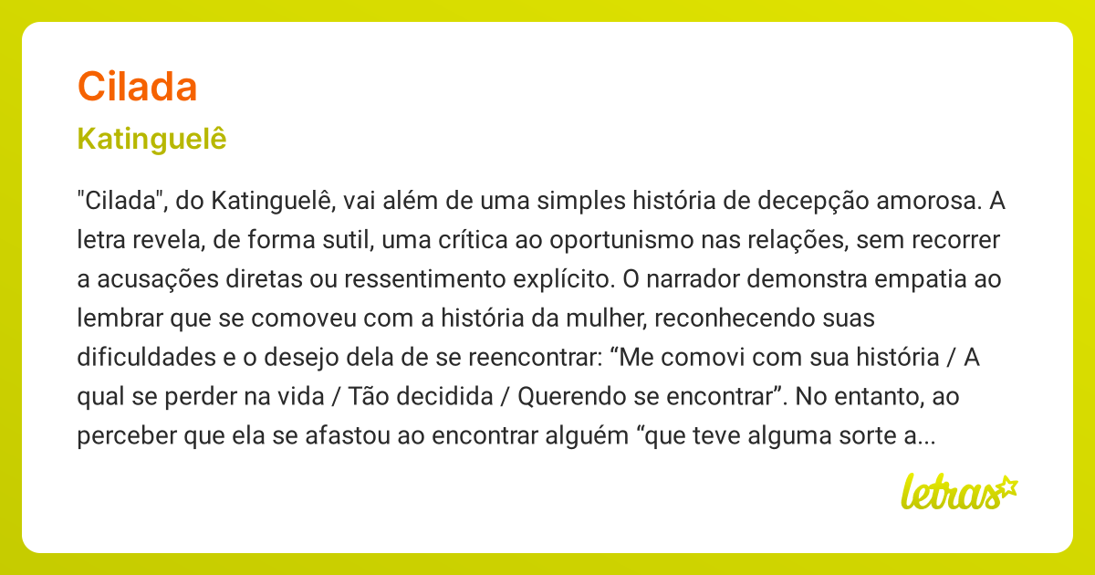 Significado da música CILADA (Katinguelê) - LETRAS.MUS.BR