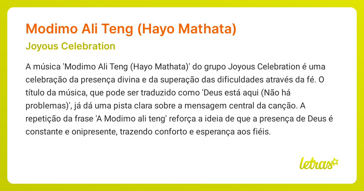 Significado da música MODIMO ALI TENG (HAYO MATHATA) (Joyous ...