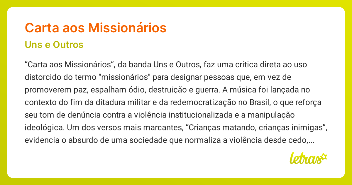 Significado da música CARTA AOS MISSIONÁRIOS (Uns e Outros) - LETRAS.MUS.BR