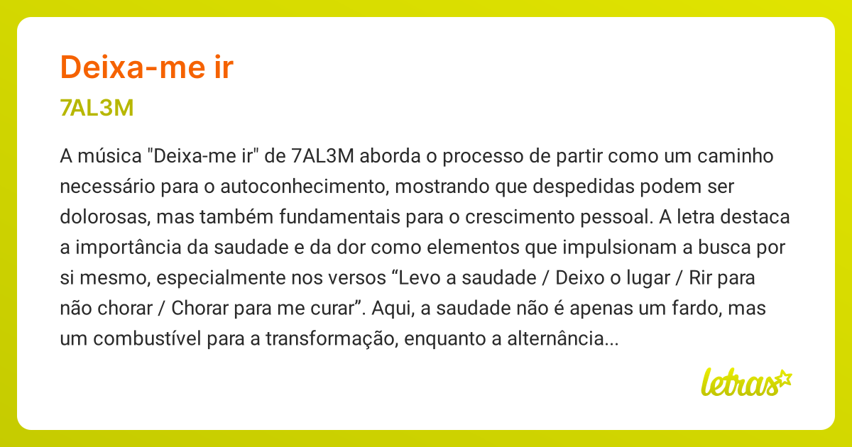 Significado da música DEIXA-ME IR (7AL3M) - LETRAS.MUS.BR