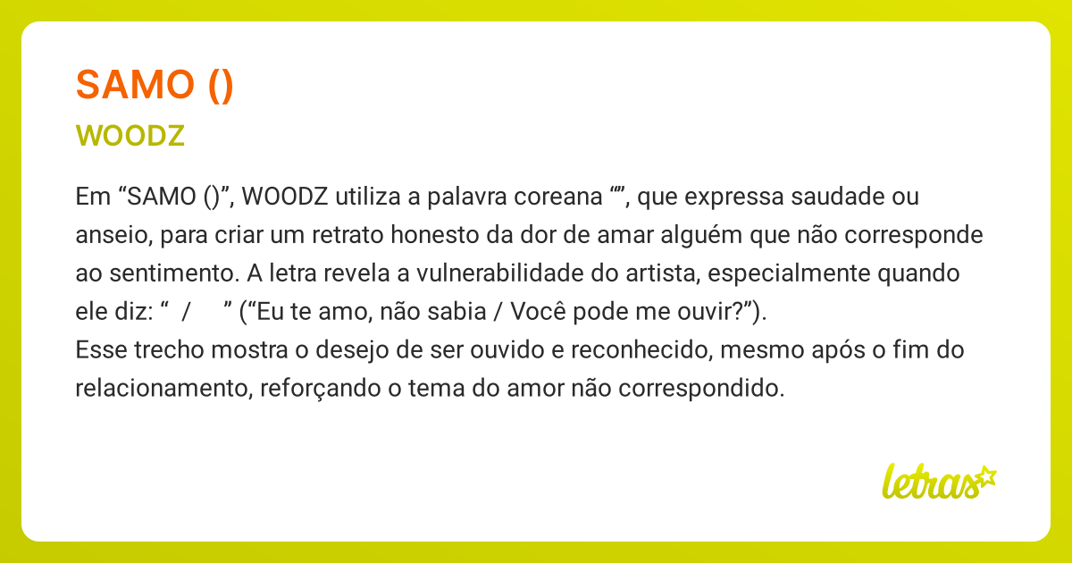 Significado da música SAMO (사모) (WOODZ) - LETRAS.MUS.BR