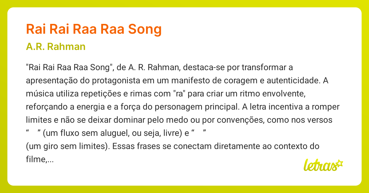Significado da música RAI RAI RAA RAA SONG (A.R. Rahman) - LETRAS.MUS.BR