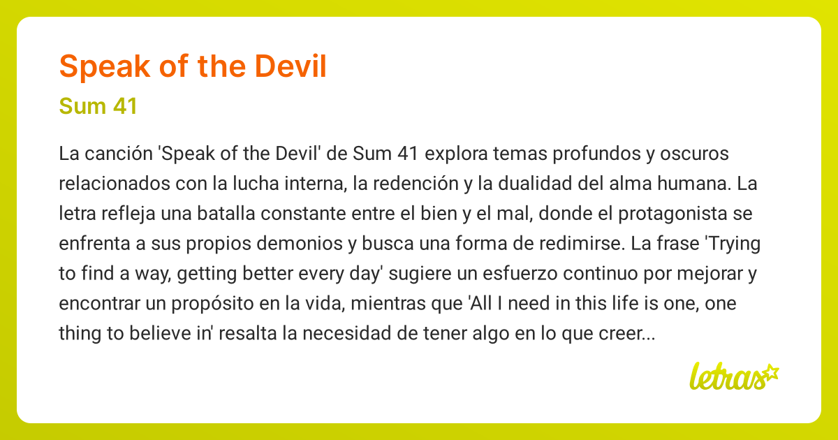 Significado de la canción SPEAK OF THE DEVIL (Sum 41) - LETRAS.COM