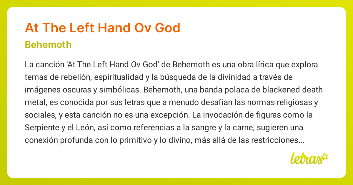 Significado de la canción AT THE LEFT HAND OV GOD (Behemoth) - LETRAS.COM