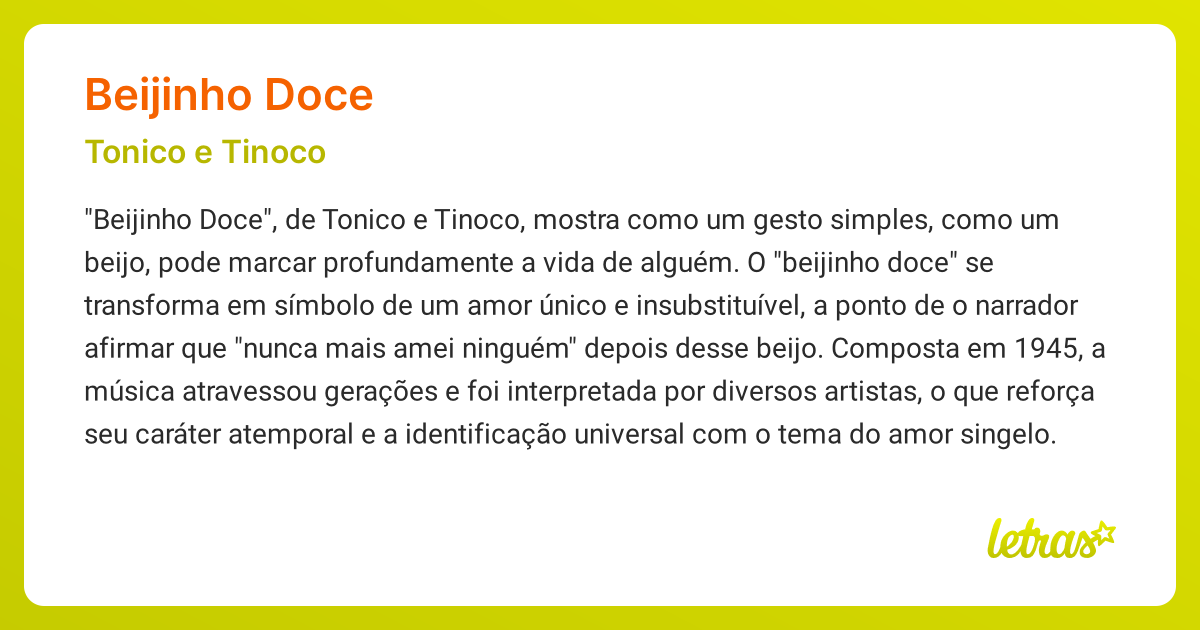 Significado da música BEIJINHO DOCE (Tonico e Tinoco) - LETRAS.MUS.BR