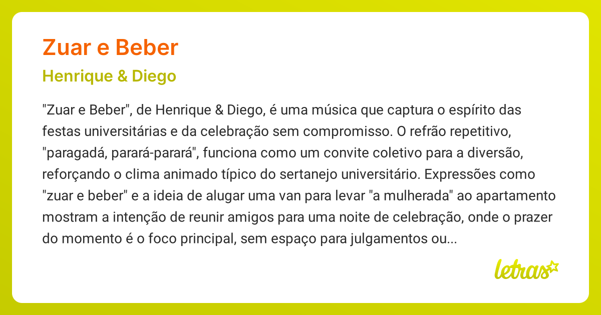 Significado da música ZUAR E BEBER (Henrique & Diego) - LETRAS.MUS.BR