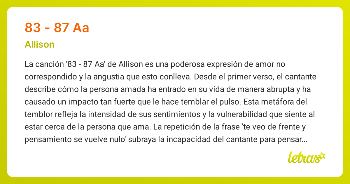 Significado de la canción 83 - 87 AA (Allison) - LETRAS.COM