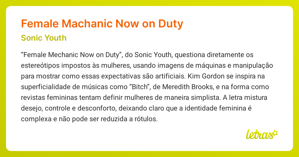 Significado da música FEMALE MACHANIC NOW ON DUTY (Sonic Youth ...