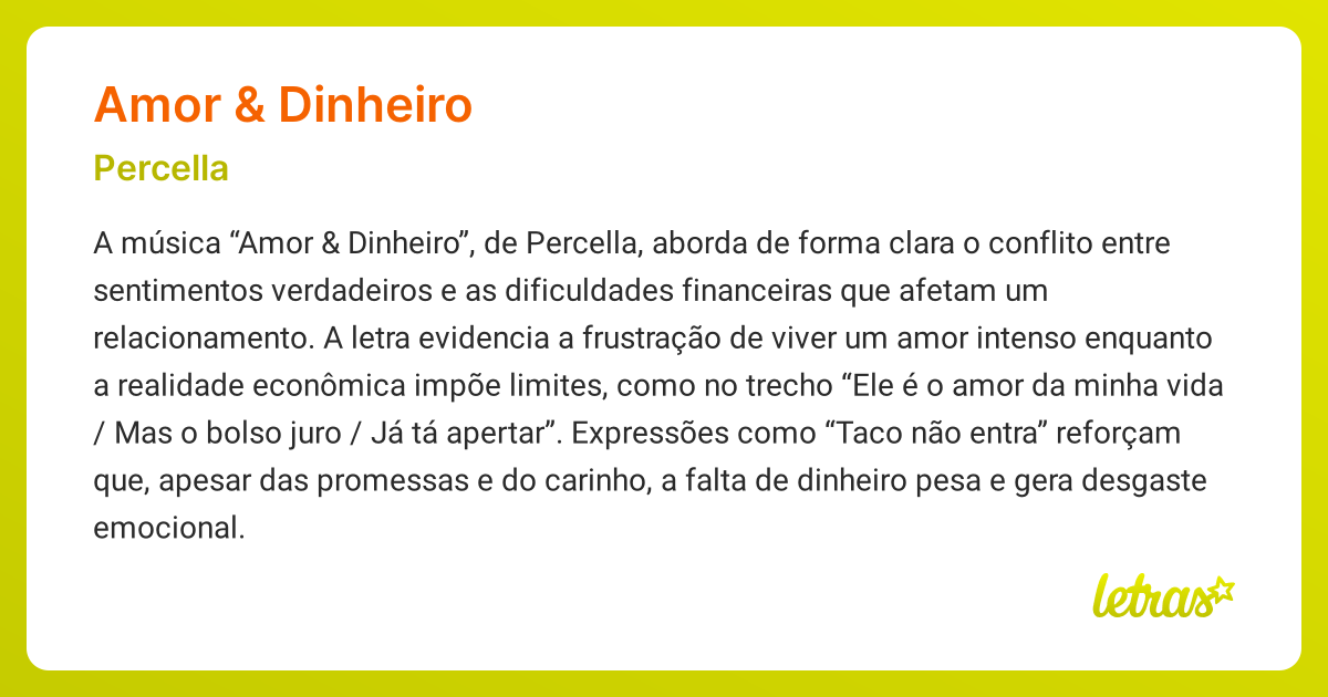 Significado da música AMOR & DINHEIRO (Percella) - LETRAS.MUS.BR