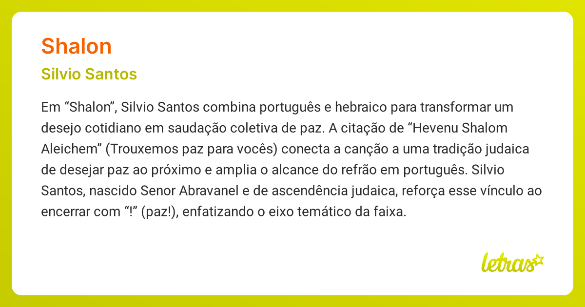 Significado da música SHALON (Silvio Santos) - LETRAS.MUS.BR