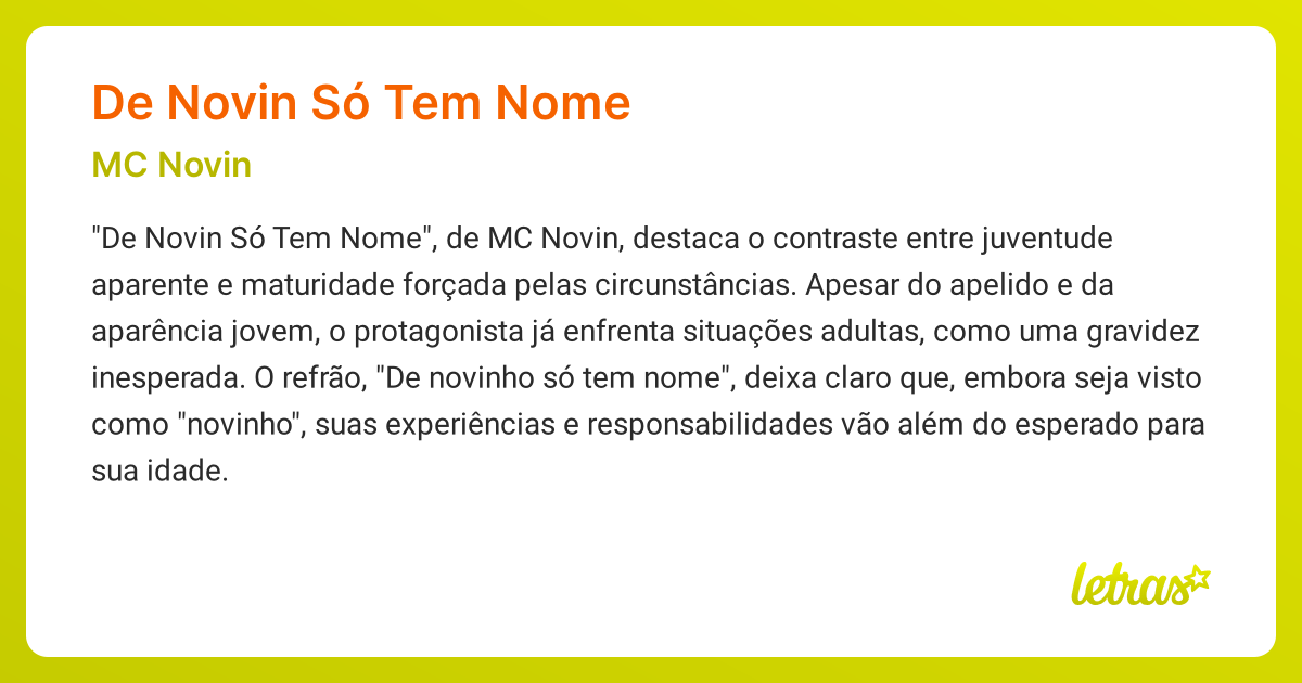 Significado da música DE NOVIN SÓ TEM NOME (MC Novin) - LETRAS.MUS.BR