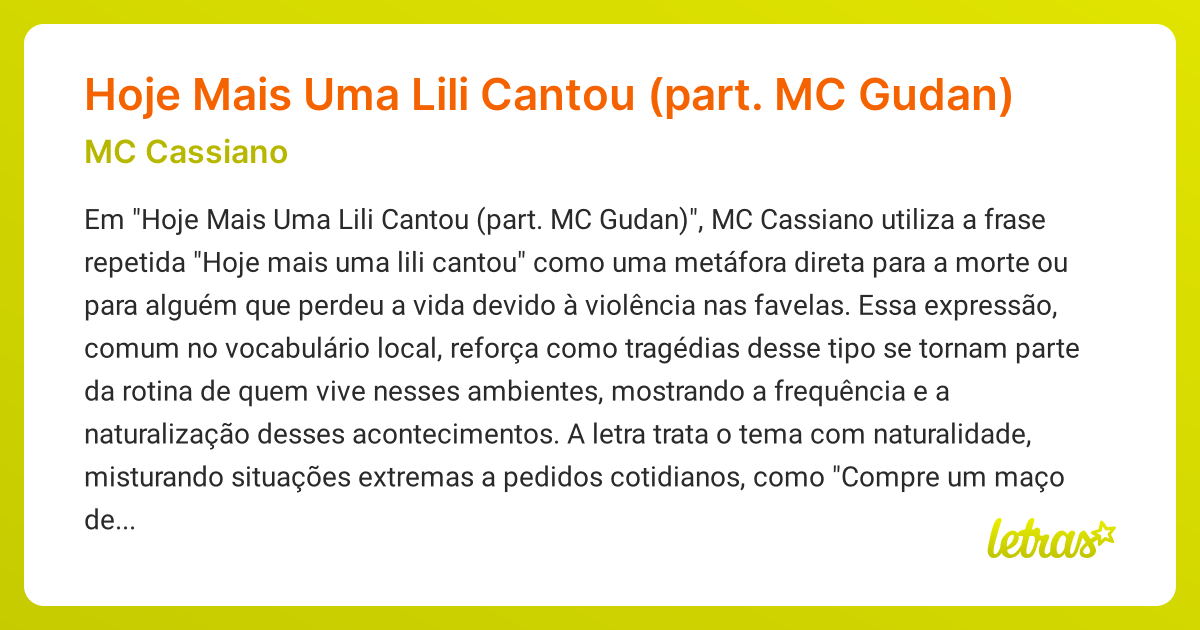 Significado da música Hoje Mais Uma Lili Cantou (part. MC Gudan) (MC ...