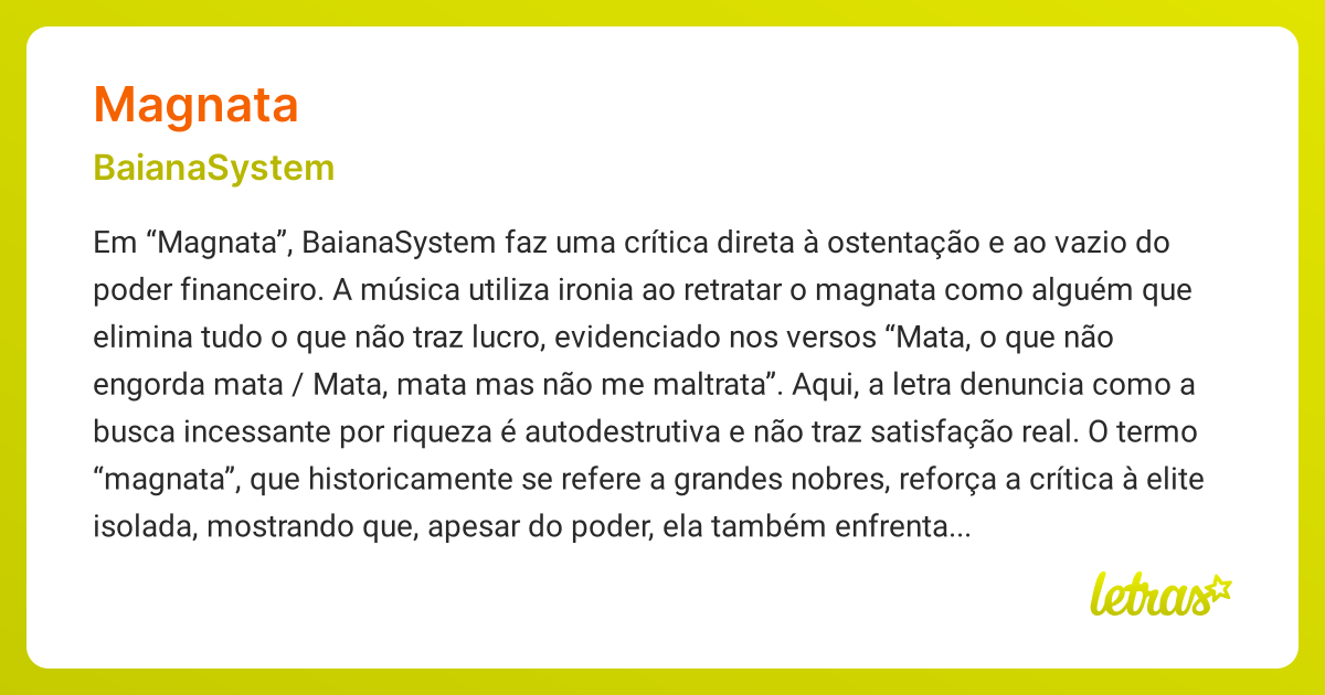 Significado da música MAGNATA (BaianaSystem) - LETRAS.MUS.BR