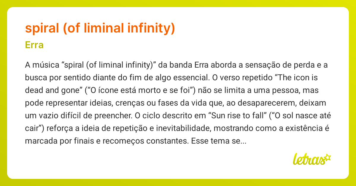 Significado da música SPIRAL (OF LIMINAL INFINITY) (Erra) - LETRAS.MUS.BR