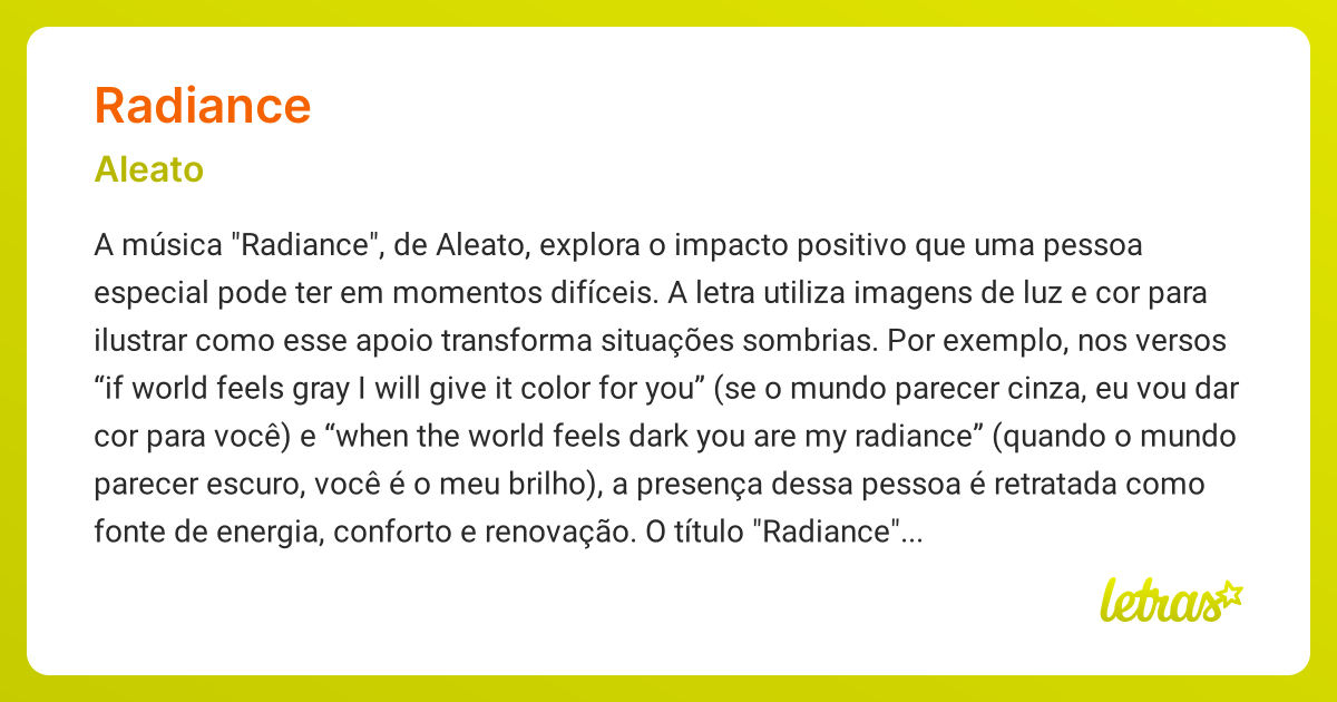 Significado da música RADIANCE (Aleato) - LETRAS.MUS.BR