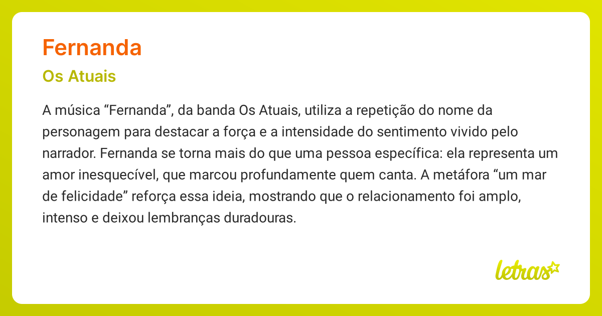Significado da música FERNANDA (Os Atuais) - LETRAS.MUS.BR