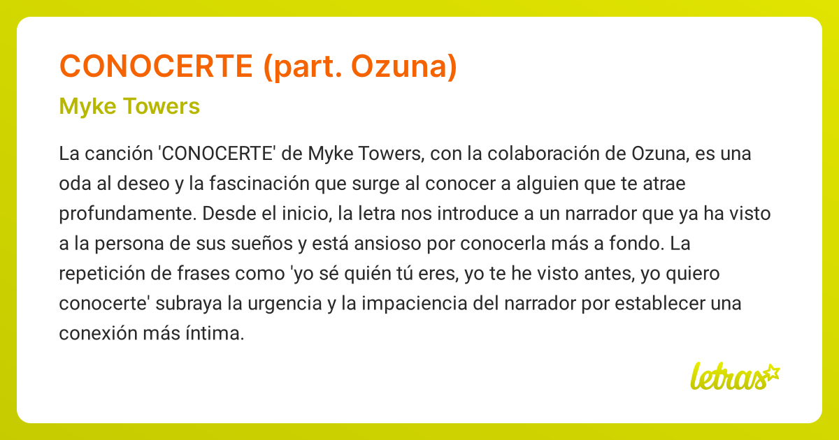 Significado de la canción CONOCERTE (PART. OZUNA) (Myke Towers ...