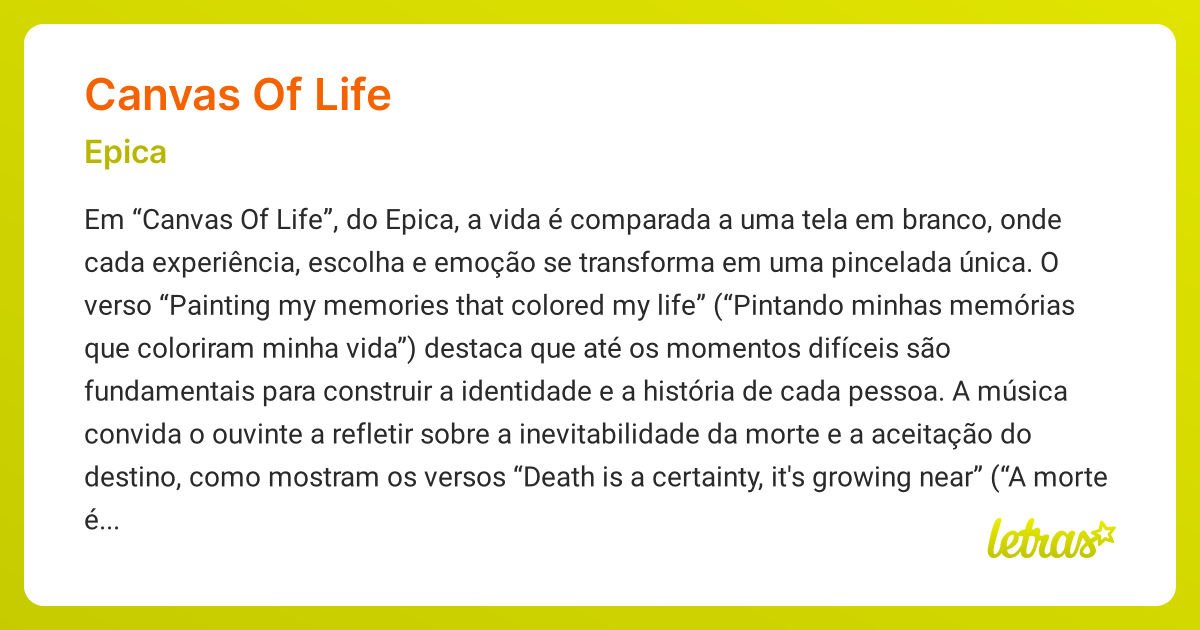 Significado da música CANVAS OF LIFE (Epica) LETRAS.MUS.BR