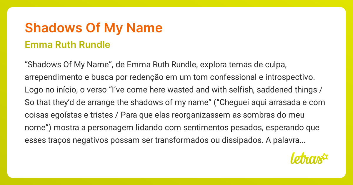 Significado da música SHADOWS OF MY NAME (Emma Ruth Rundle) - LETRAS.MUS.BR