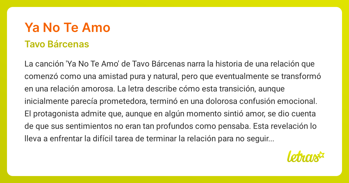 Significado de la canción YA NO TE AMO (Tavo Bárcenas) - LETRAS.COM