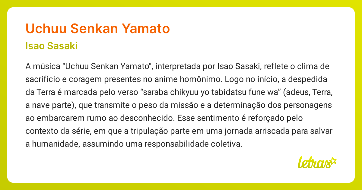 Significado da música UCHUU SENKAN YAMATO (Isao Sasaki) - LETRAS.MUS.BR