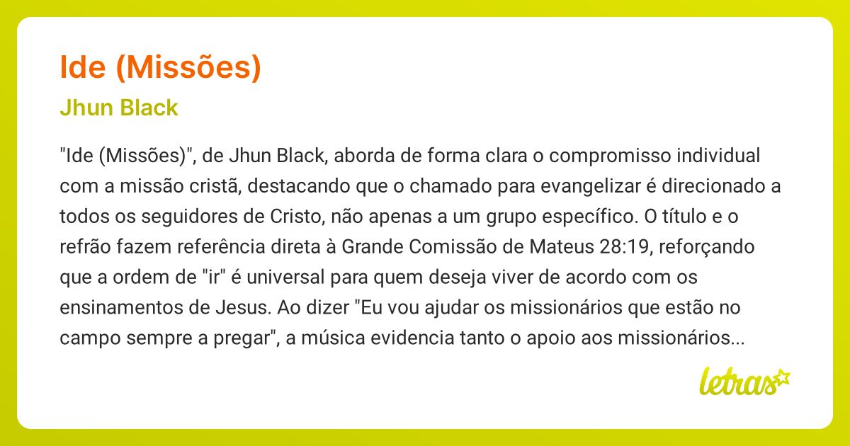 Significado da música IDE (MISSÕES) (Jhun Black) - LETRAS.MUS.BR