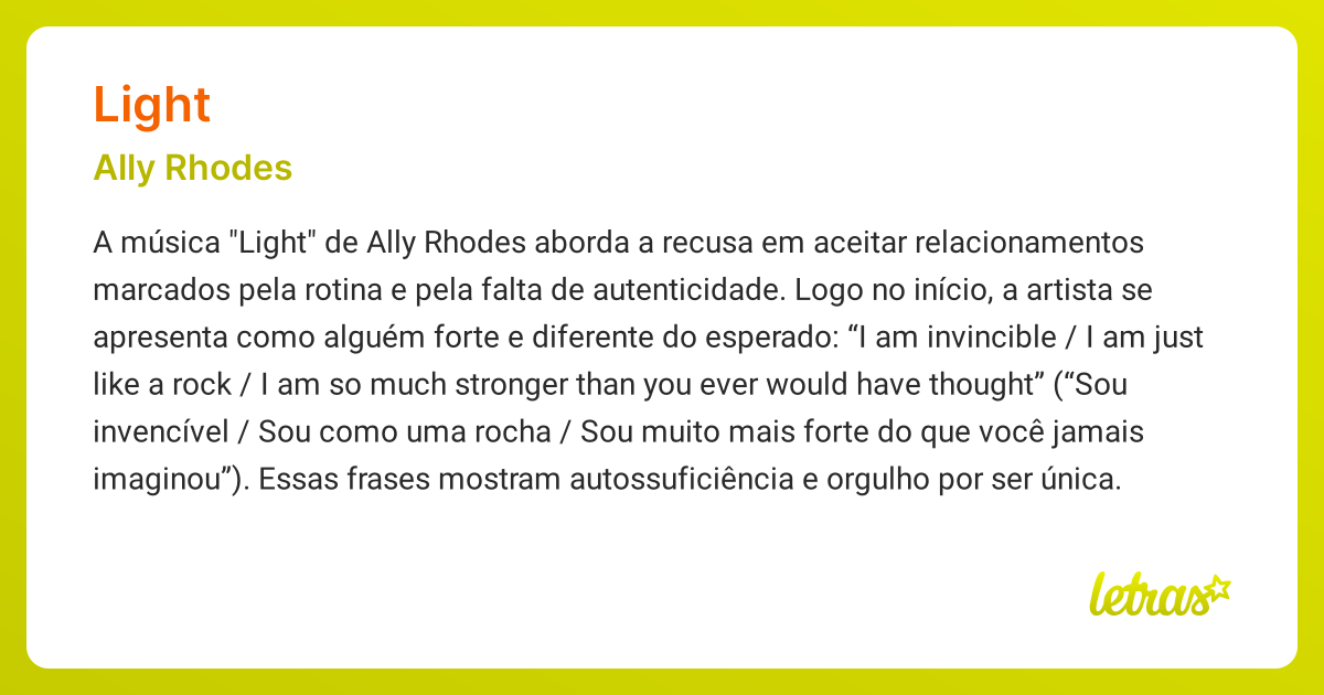 Significado da música LIGHT (Ally Rhodes) - LETRAS.MUS.BR