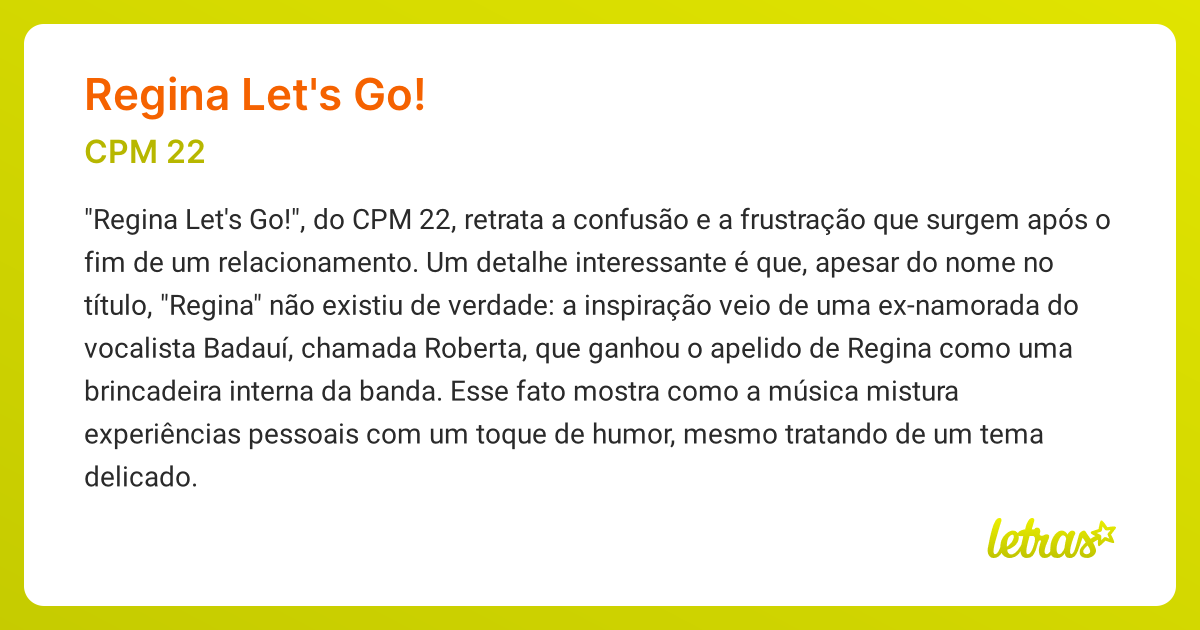 Significado da música REGINA LET'S GO! (CPM 22) - LETRAS.MUS.BR